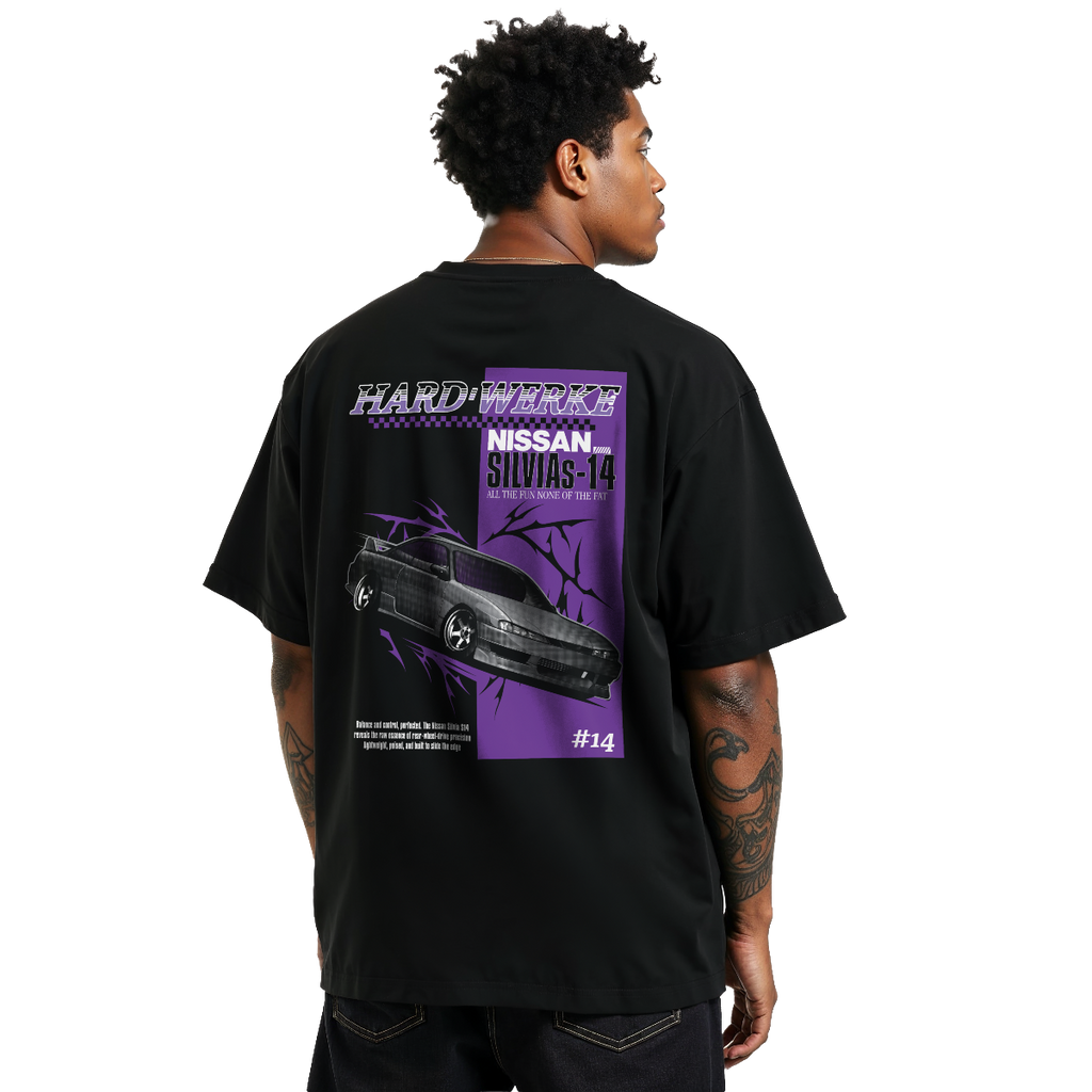 black Nissan Silvia S-14 sr20 ka24 chassis graphic streetwear  T-shirt featuring a purple silver and gray Nissan Silvia S-14 sr20 ka24 illustration by HARDWERKE back view on model
