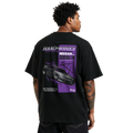 black Nissan Silvia S-14 sr20 ka24 chassis graphic streetwear  T-shirt featuring a purple silver and gray Nissan Silvia S-14 sr20 ka24 illustration by HARDWERKE back view on model