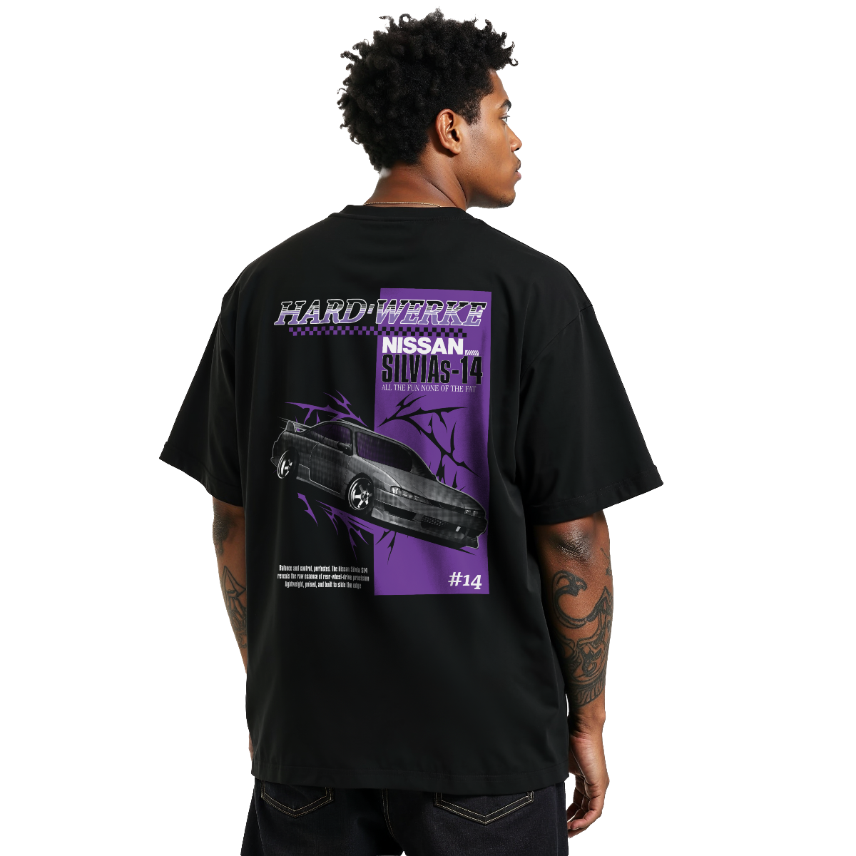 black Nissan Silvia S-14 sr20 ka24 chassis graphic streetwear  T-shirt featuring a purple silver and gray Nissan Silvia S-14 sr20 ka24 illustration by HARDWERKE back view on model