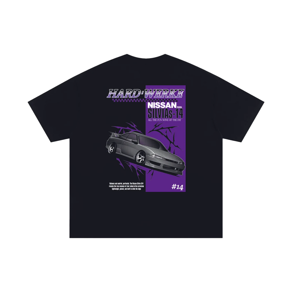 black Nissan Silvia S-14 sr20 ka24 chassis graphic streetwear  T-shirt featuring a purple silver and gray Nissan Silvia S-14 sr20 ka24 illustration by HARDWERKE back view flat