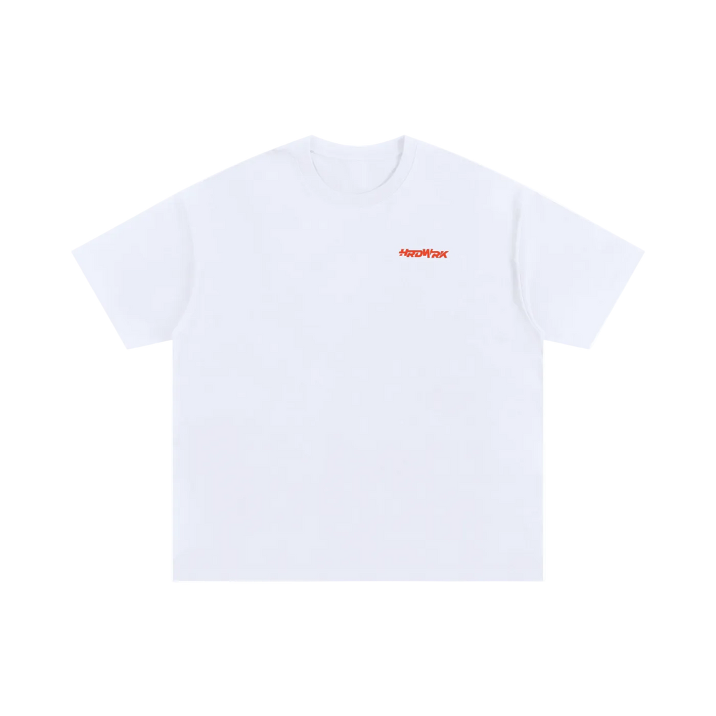White streetwear tee front  red orange logo condensed  illustration by HARDWERKE front view flat

