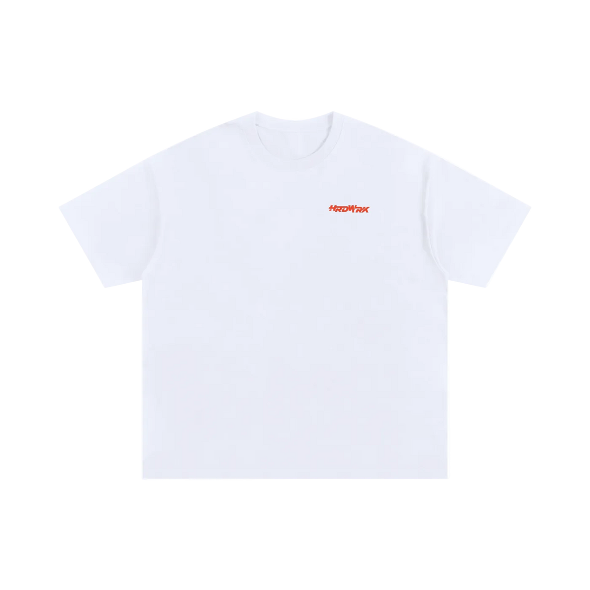 White streetwear tee front  red orange logo condensed  illustration by HARDWERKE front view flat
