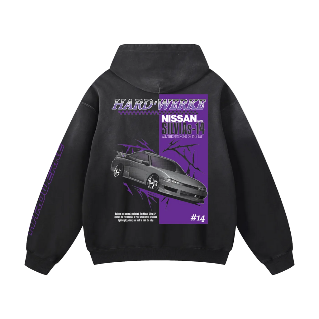 black Nissan Silvia S-14 sr20 ka24 chassis graphic streetwear  heavyweight hoodie featuring a purple silver and gray Nissan Silvia S-14 sr20 ka24 illustration by HARDWERKE back view floating