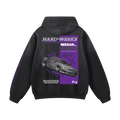 black Nissan Silvia S-14 sr20 ka24 chassis graphic streetwear  heavyweight hoodie featuring a purple silver and gray Nissan Silvia S-14 sr20 ka24 illustration by HARDWERKE back view floating
