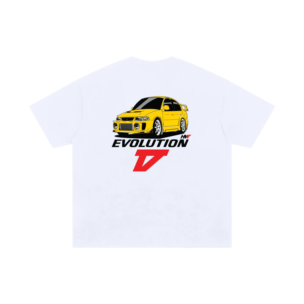 White mitsubishi lancer evolution v lanevo 5 chassis graphic streetwear  T-shirt featuring a yellow mitsubishi lancer evolution v lanevo 5 CP9A 4G63 illustration by HARDWERKE back view flat