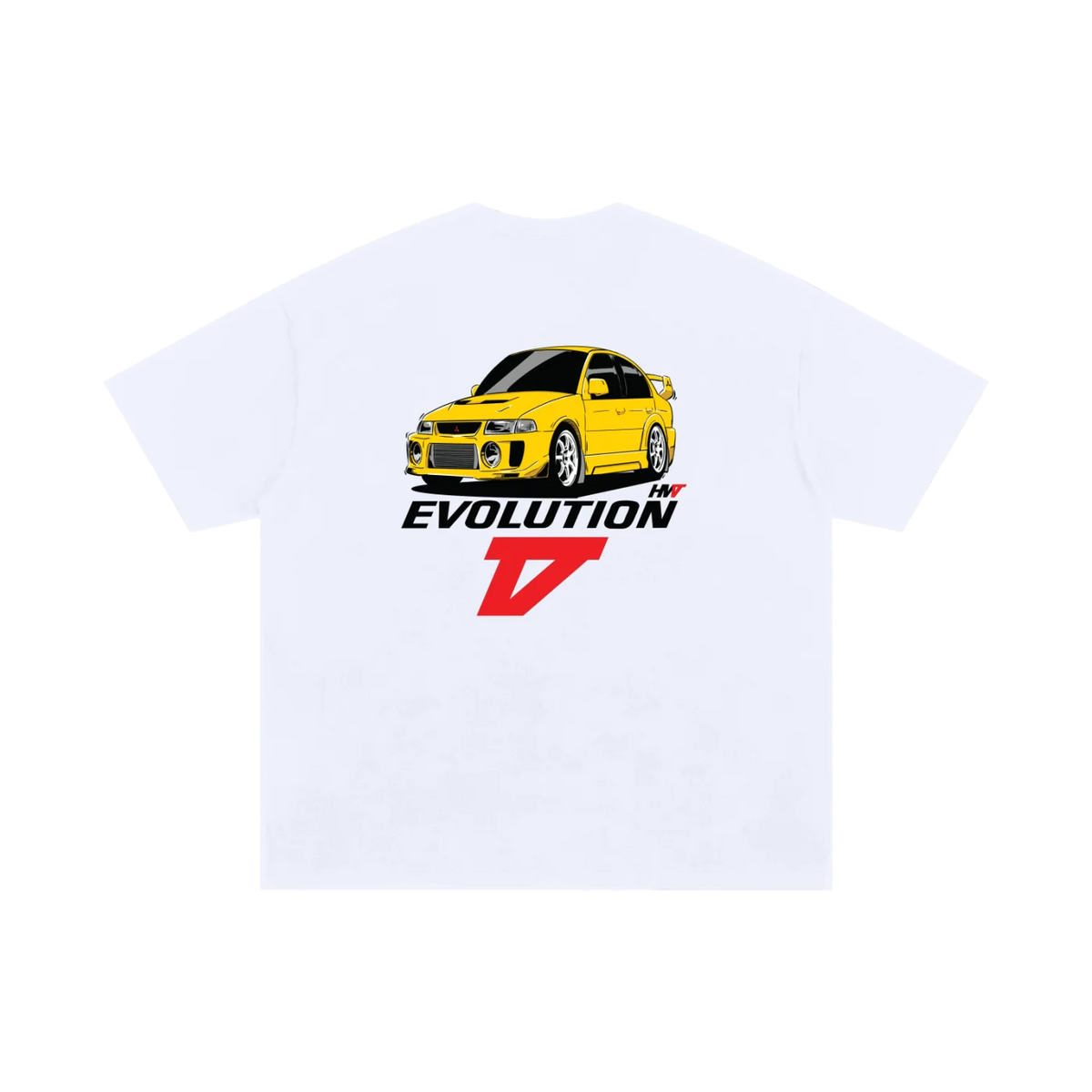 White mitsubishi lancer evolution v lanevo 5 chassis graphic streetwear  T-shirt featuring a yellow mitsubishi lancer evolution v lanevo 5 CP9A 4G63 illustration by HARDWERKE back view flat