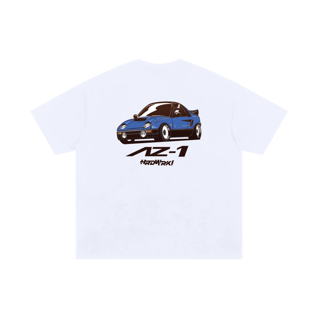 White  Autozam az-1 az1 graphic streetwear  T-shirt featuring a blue Autozam Az-1 kei car  illustration by HARDWERKE back view flat