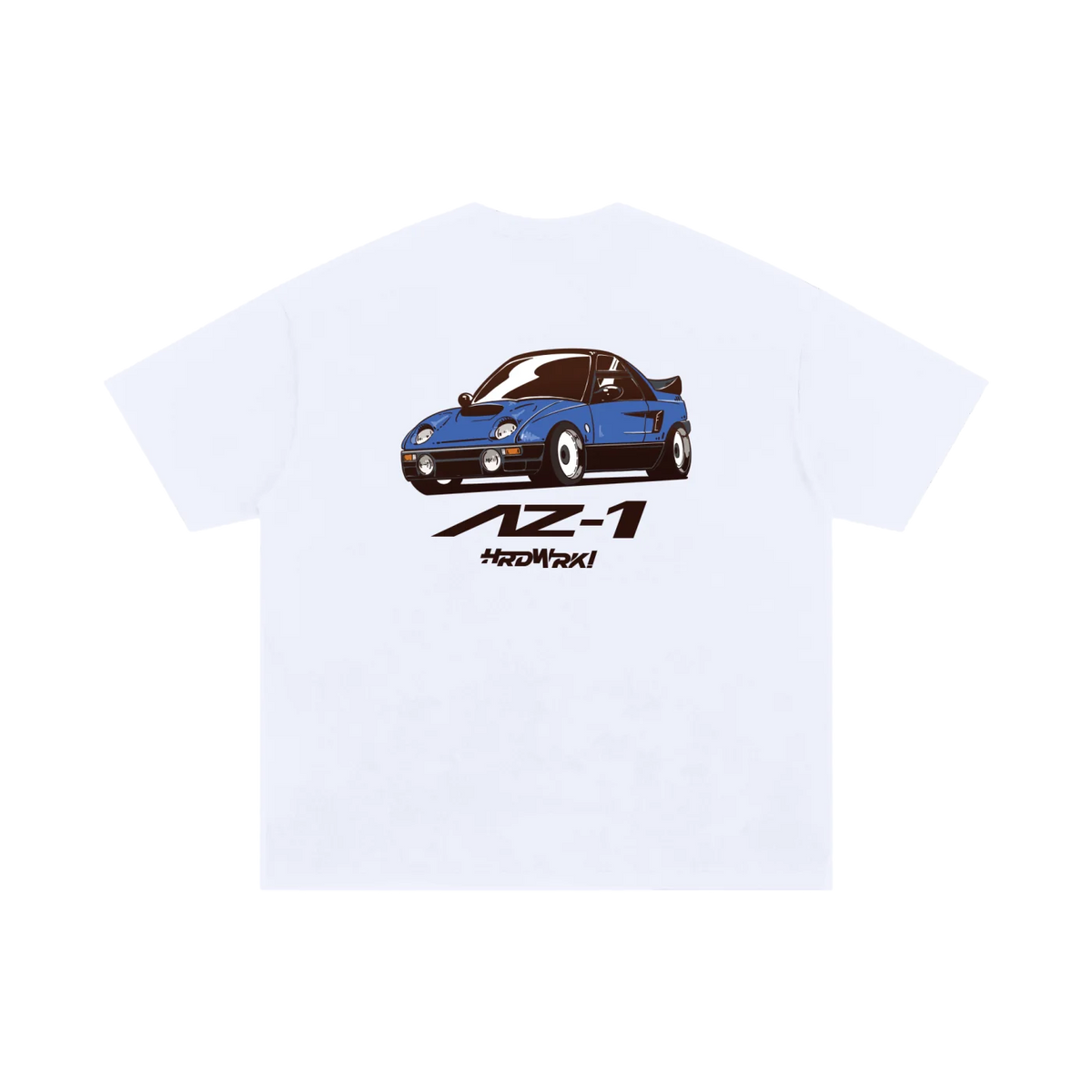 White  Autozam az-1 az1 graphic streetwear  T-shirt featuring a blue Autozam Az-1 kei car  illustration by HARDWERKE back view flat