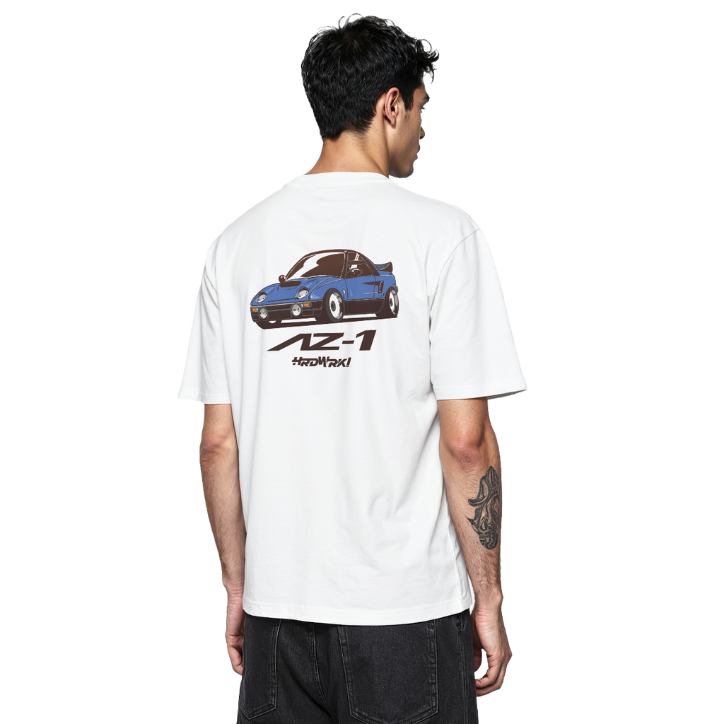 White  Autozam az-1 az1 graphic streetwear  T-shirt featuring a blue Autozam Az-1 kei car  illustration by HARDWERKE back view on model
