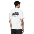 White  Autozam az-1 az1 graphic streetwear  T-shirt featuring a blue Autozam Az-1 kei car  illustration by HARDWERKE back view on model