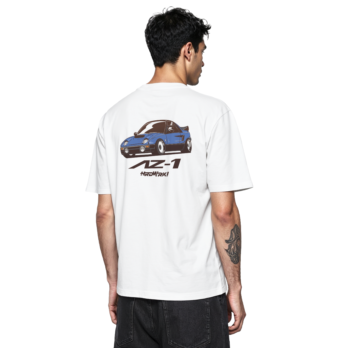 White  Autozam az-1 az1 graphic streetwear  T-shirt featuring a blue Autozam Az-1 kei car  illustration by HARDWERKE back view on model