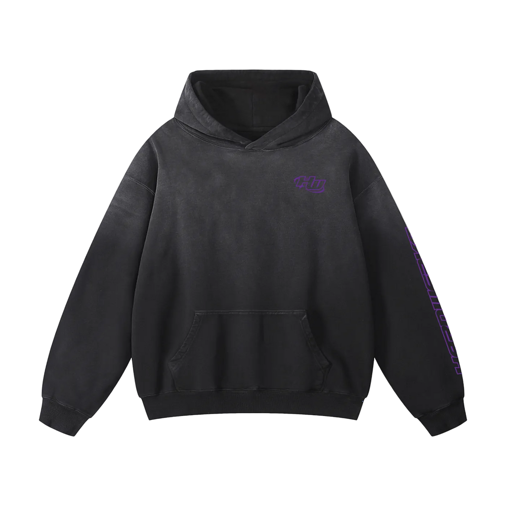 black Nissan Silvia S-14 sr20 ka24 chassis graphic streetwear  heavyweight hoodie featuring a purple silver and gray Nissan Silvia S-14 sr20 ka24 illustration by HARDWERKE front view floating