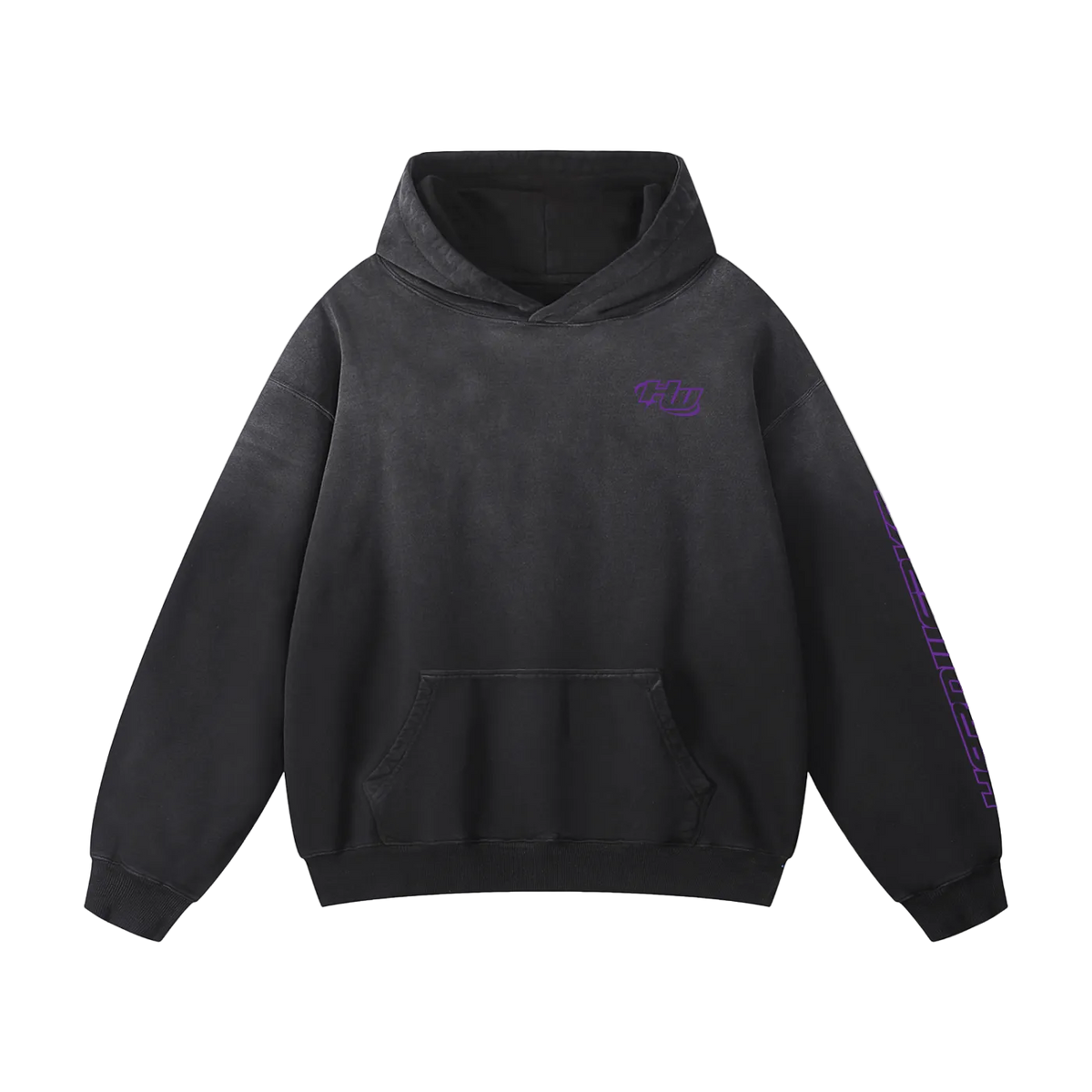 black Nissan Silvia S-14 sr20 ka24 chassis graphic streetwear  heavyweight hoodie featuring a purple silver and gray Nissan Silvia S-14 sr20 ka24 illustration by HARDWERKE front view floating
