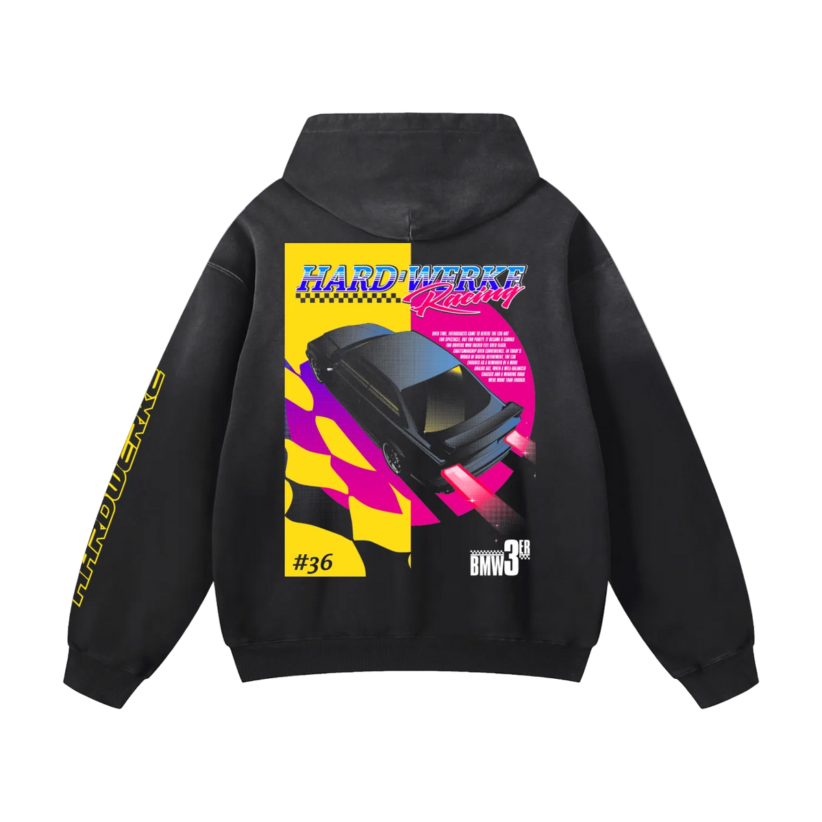 black streetwear  heavyweight hoodie with a BMW euro e36 chassis m3 328i 323i 325i 318i  featuring an blue  bmw e36  illustration by HARDWERKE back view floating