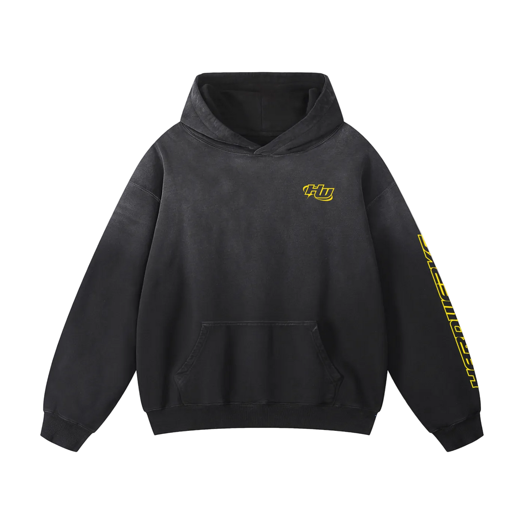 Black initiald keisuke takahashi mazda rx7 dream car fd chassis graphic streetwear heavyweight hoodie featuring a yellow  Mazda FD Rx7 illustration by HARDWERKE front view floating