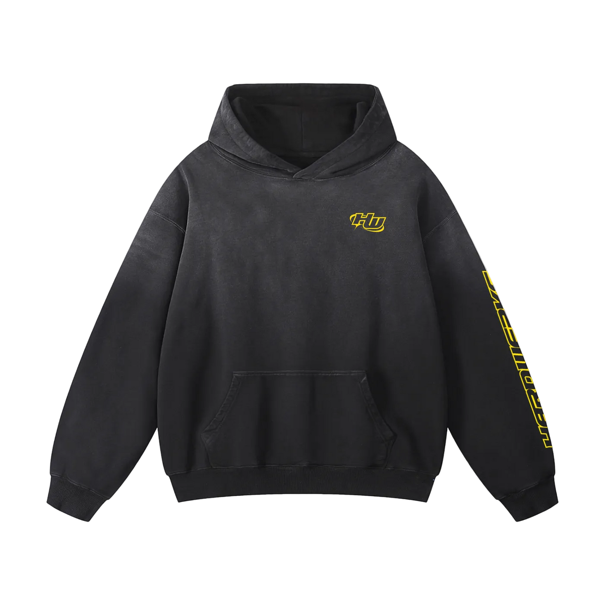 Black initiald keisuke takahashi mazda rx7 dream car fd chassis graphic streetwear heavyweight hoodie featuring a yellow  Mazda FD Rx7 illustration by HARDWERKE front view floating