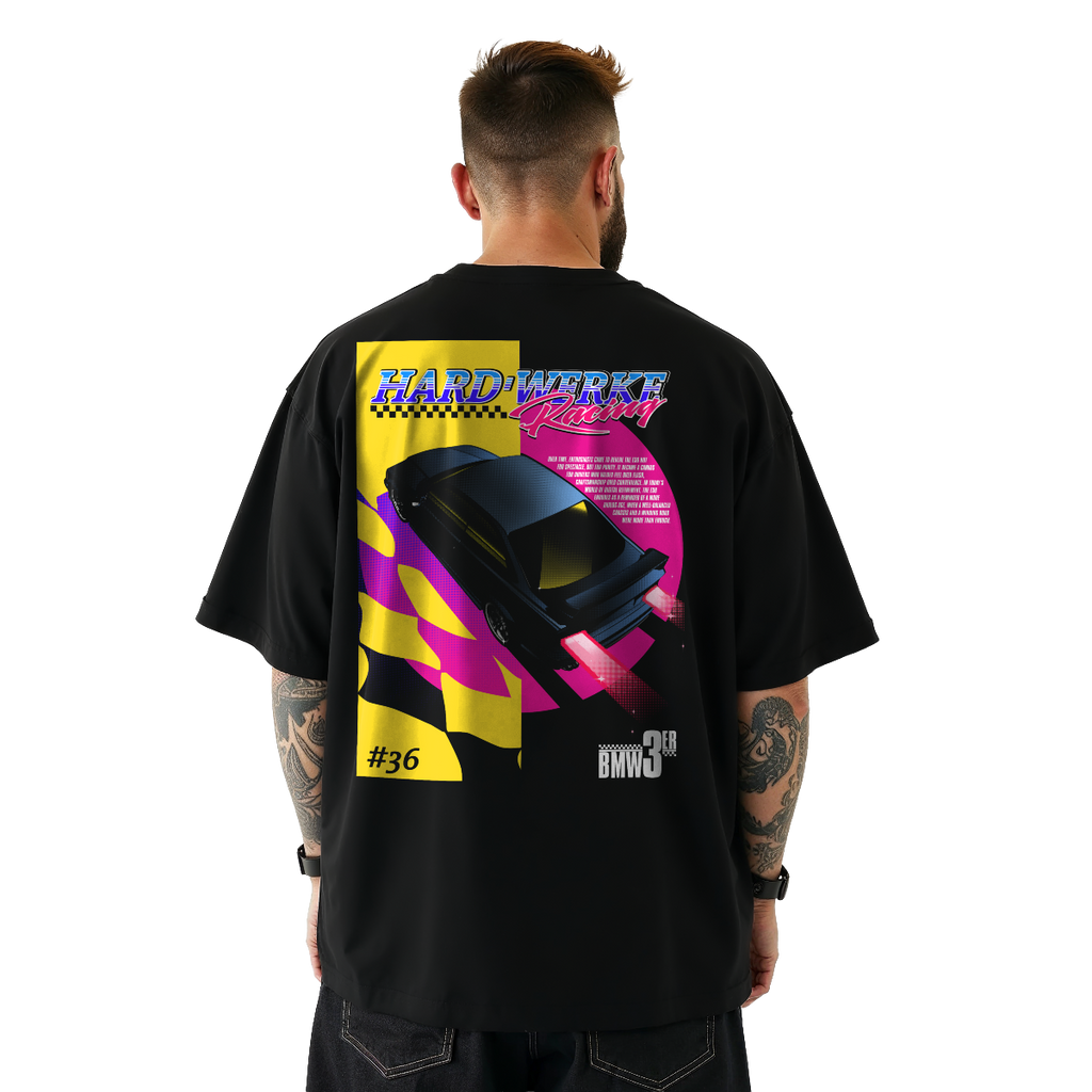 black streetwear  T-shirt featuring a BMW euro e36 chassis m3 328i 323i 325i 318i  featuring an estoril avus blue  bmw e36  illustration by HARDWERKE back view on model