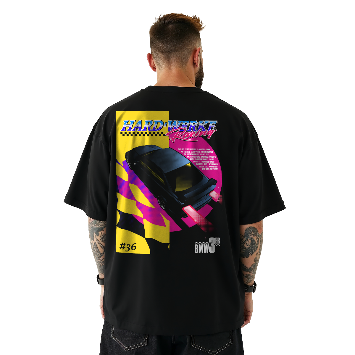 black streetwear  T-shirt featuring a BMW euro e36 chassis m3 328i 323i 325i 318i  featuring an estoril avus blue  bmw e36  illustration by HARDWERKE back view on model