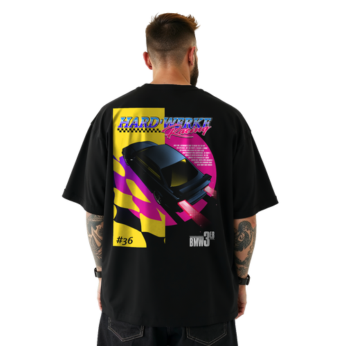 black streetwear  T-shirt featuring a BMW euro e36 chassis m3 328i 323i 325i 318i  featuring an estoril avus blue  bmw e36  illustration by HARDWERKE back view on model