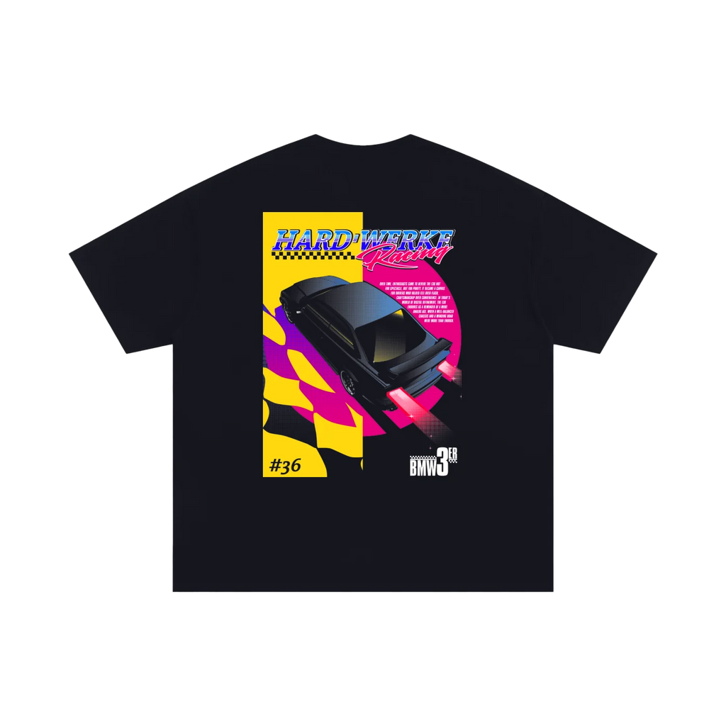 black streetwear  T-shirt featuring a BMW euro e36 chassis m3 328i 323i 325i 318i  featuring an estoril avus blue  bmw e36  illustration by HARDWERKE back view flat