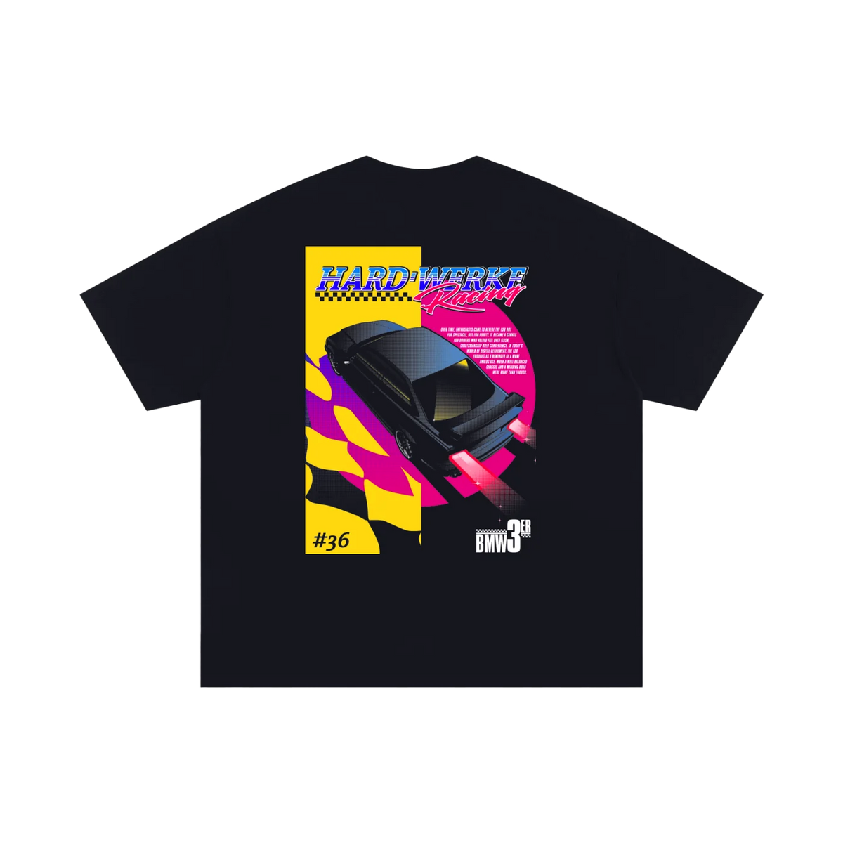 black streetwear  T-shirt featuring a BMW euro e36 chassis m3 328i 323i 325i 318i  featuring an estoril avus blue  bmw e36  illustration by HARDWERKE back view flat