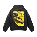 Black initiald keisuke takahashi mazda rx7 dream car fd chassis graphic streetwear heavyweight hoodie featuring a yellow  Mazda FD Rx7 illustration by HARDWERKE back view floating