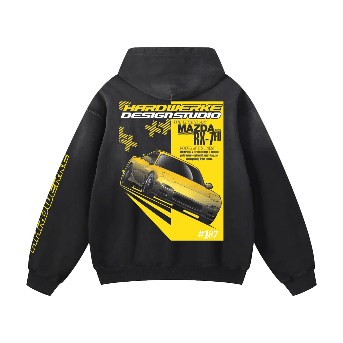 Black initiald keisuke takahashi mazda rx7 dream car fd chassis graphic streetwear heavyweight hoodie featuring a yellow  Mazda FD Rx7 illustration by HARDWERKE back view floating