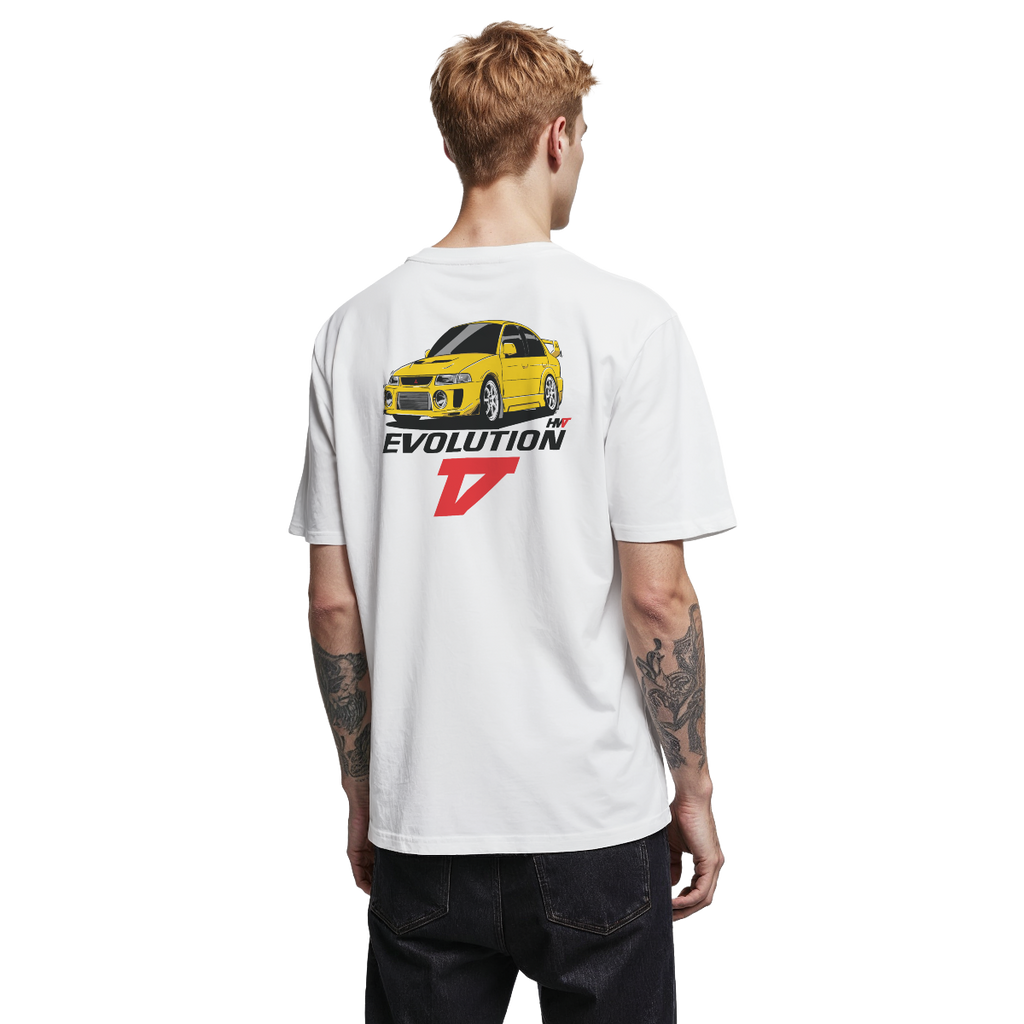 White mitsubishi lancer evolution v lanevo 5 chassis graphic streetwear  T-shirt featuring a yellow mitsubishi lancer evolution v lanevo 5 CP9A 4G63 illustration by HARDWERKE back view on model