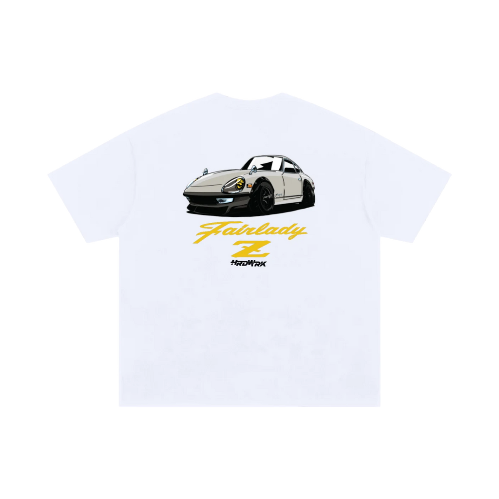 White Nissan fairlady 240z 280z s30 chassis graphic T-shirt featuring a cream datsun nissan fairlady z s30 illustration by HARDWERKE back view flat 