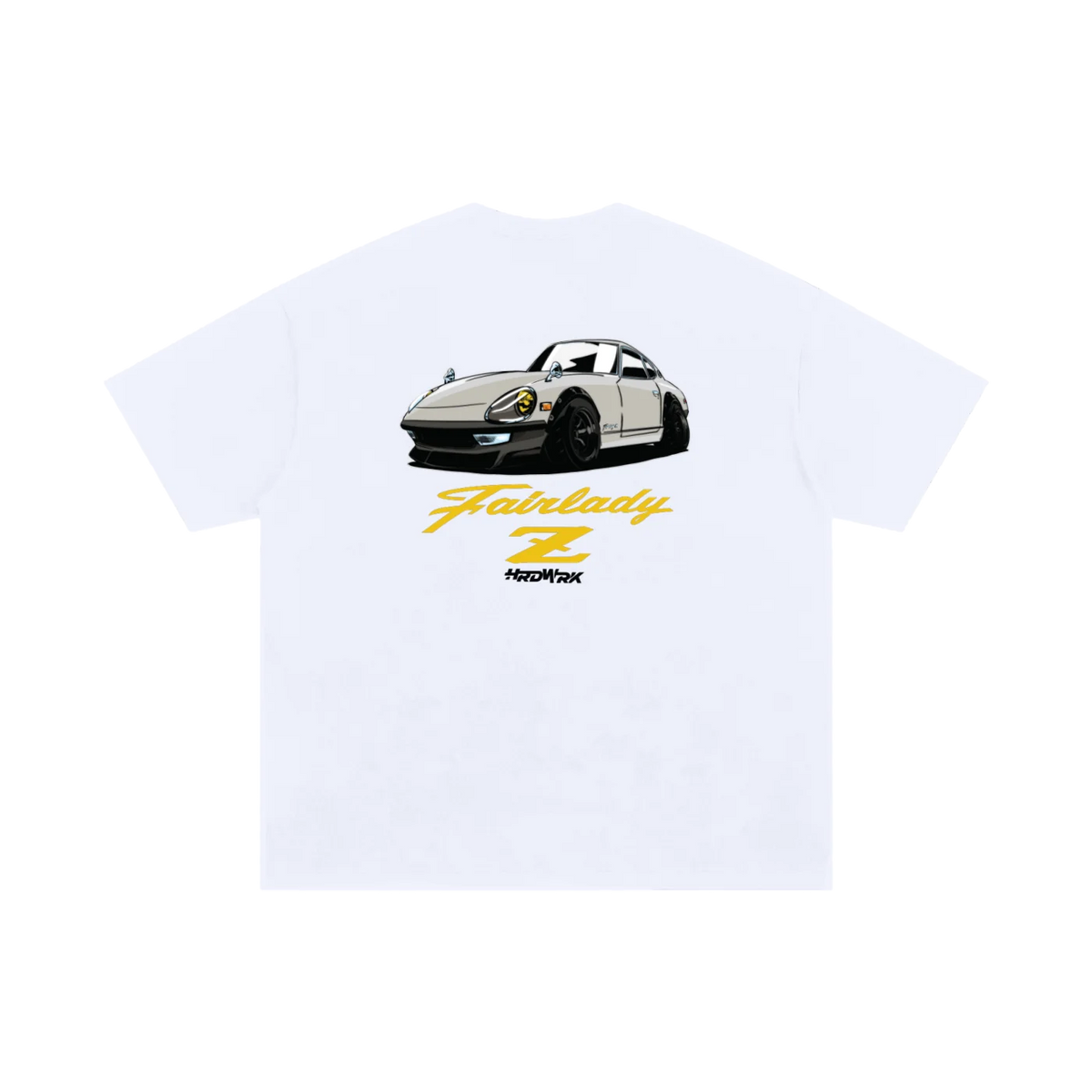White Nissan fairlady 240z 280z s30 chassis graphic T-shirt featuring a cream datsun nissan fairlady z s30 illustration by HARDWERKE back view flat 