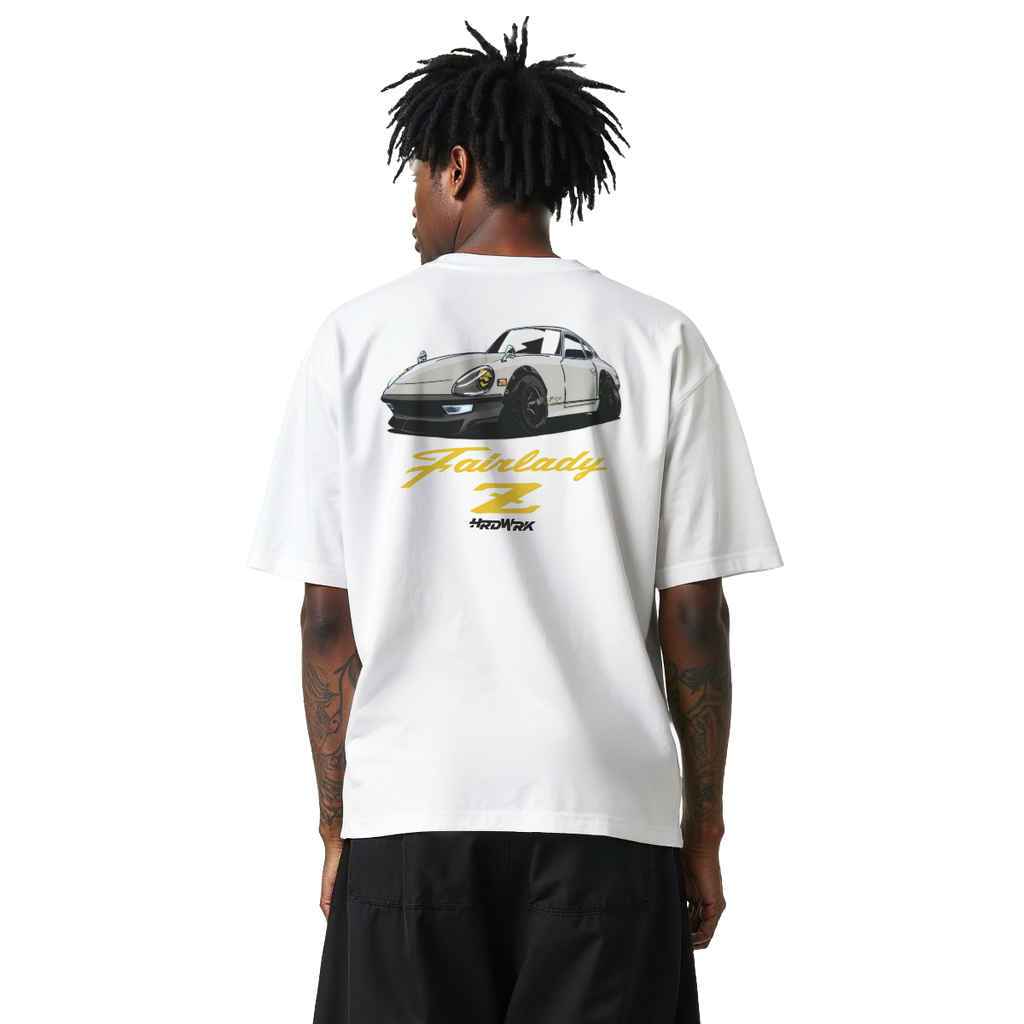 White Nissan fairlady 240z 280z s30 chassis graphic T-shirt featuring a cream datsun nissan fairlady z s30 illustration by HARDWERKE back view on model