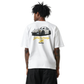 White Nissan fairlady 240z 280z s30 chassis graphic T-shirt featuring a cream datsun nissan fairlady z s30 illustration by HARDWERKE back view on model