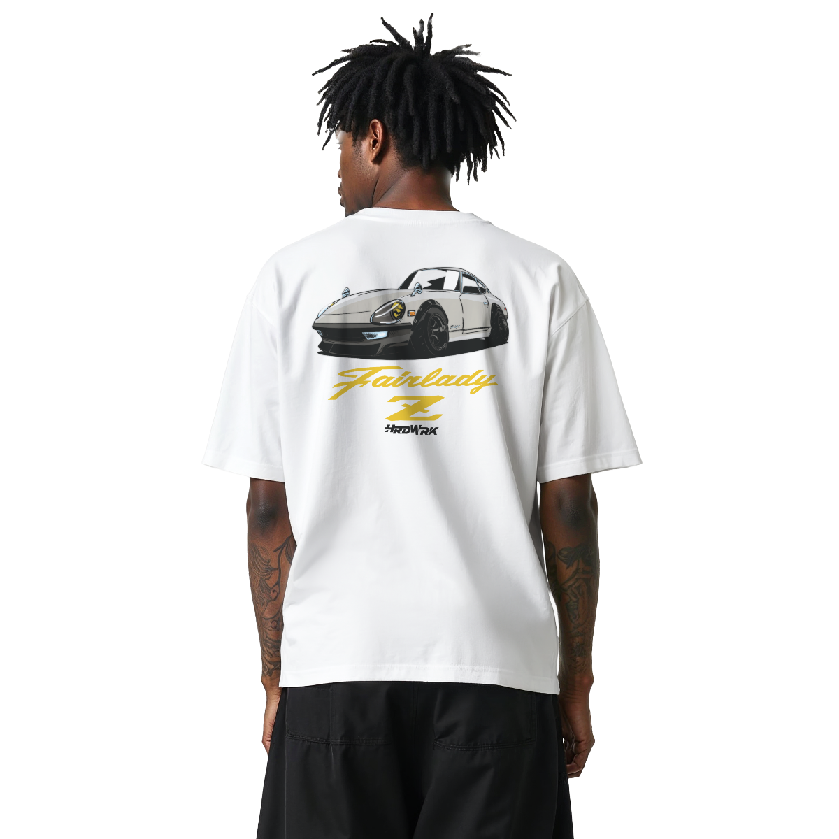 White Nissan fairlady 240z 280z s30 chassis graphic T-shirt featuring a cream datsun nissan fairlady z s30 illustration by HARDWERKE back view on model