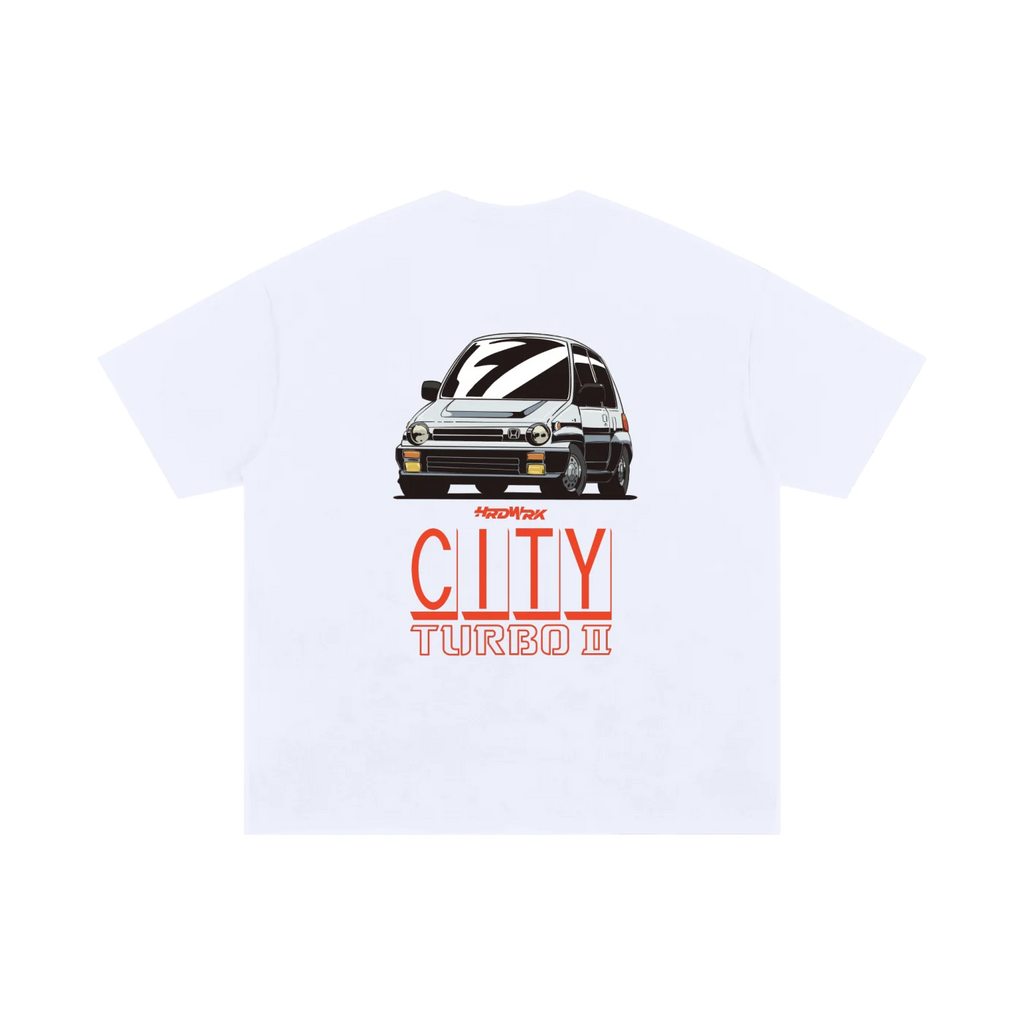 White Honda City Turbo 2 II FA chassis graphic streetwear  T-shirt featuring a gray  Honda City Turbo 2 II FA  illustration by HARDWERKE back view flat