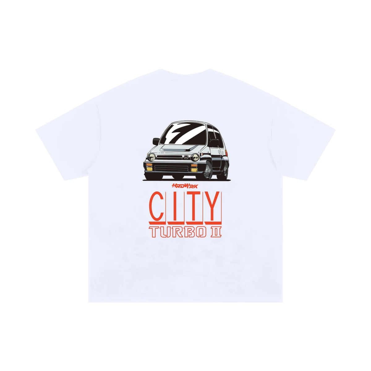White Honda City Turbo 2 II FA chassis graphic streetwear  T-shirt featuring a gray  Honda City Turbo 2 II FA  illustration by HARDWERKE back view flat