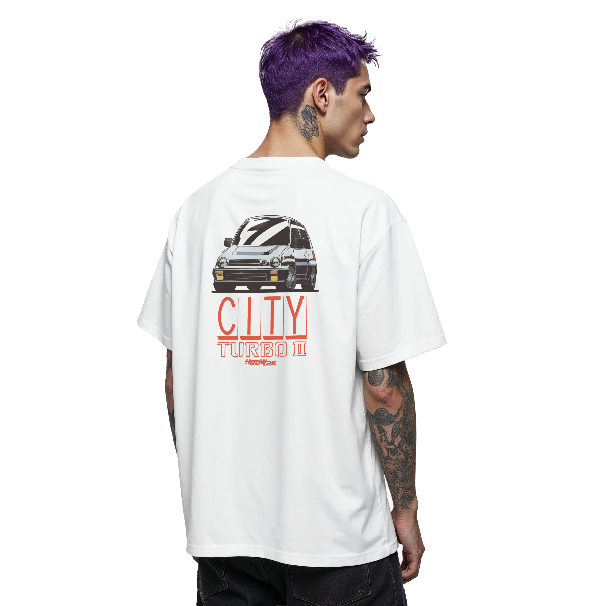 White Honda City Turbo 2 II FA chassis graphic streetwear  T-shirt featuring a gray  Honda City Turbo 2 II FA  illustration by HARDWERKE back view on model