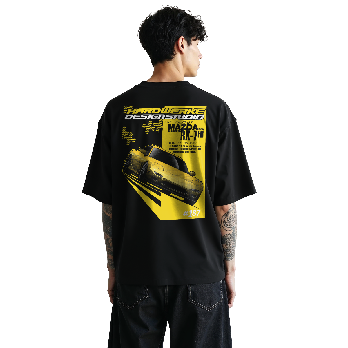 Black initiald keisuke takahashi mazda rx7 dream car fd chassis graphic streetwear  T-shirt featuring a yellow  Mazda FD Rx7 illustration by HARDWERKE back view on model