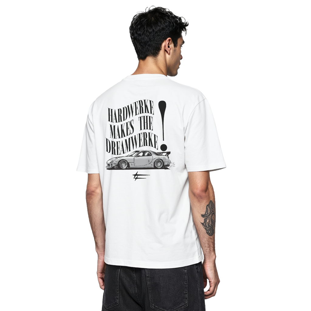 White mazda rx7 dream car fd chassis graphic streetwear  T-shirt featuring a monochrome  Mazda FD Rx7 illustration by HARDWERKE back view on model