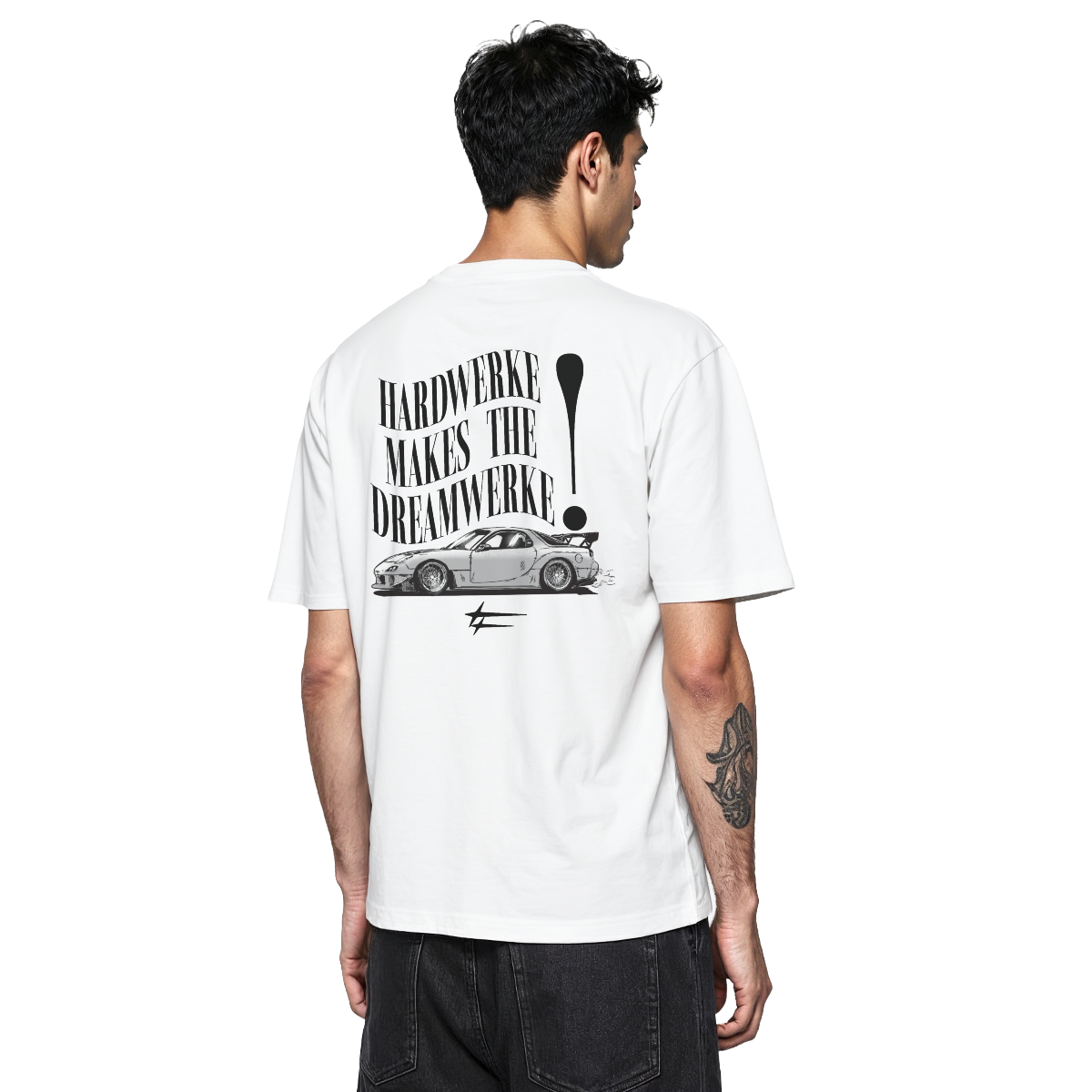 White mazda rx7 dream car fd chassis graphic streetwear  T-shirt featuring a monochrome  Mazda FD Rx7 illustration by HARDWERKE back view on model