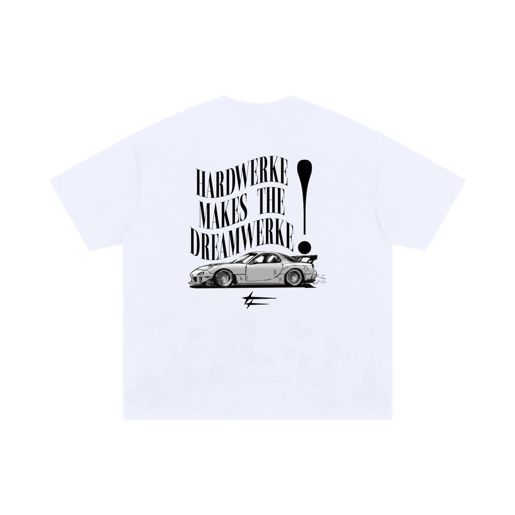 White mazda rx7 dream car fd chassis graphic streetwear  T-shirt featuring a monochrome  Mazda FD Rx7 illustration by HARDWERKE back view flat