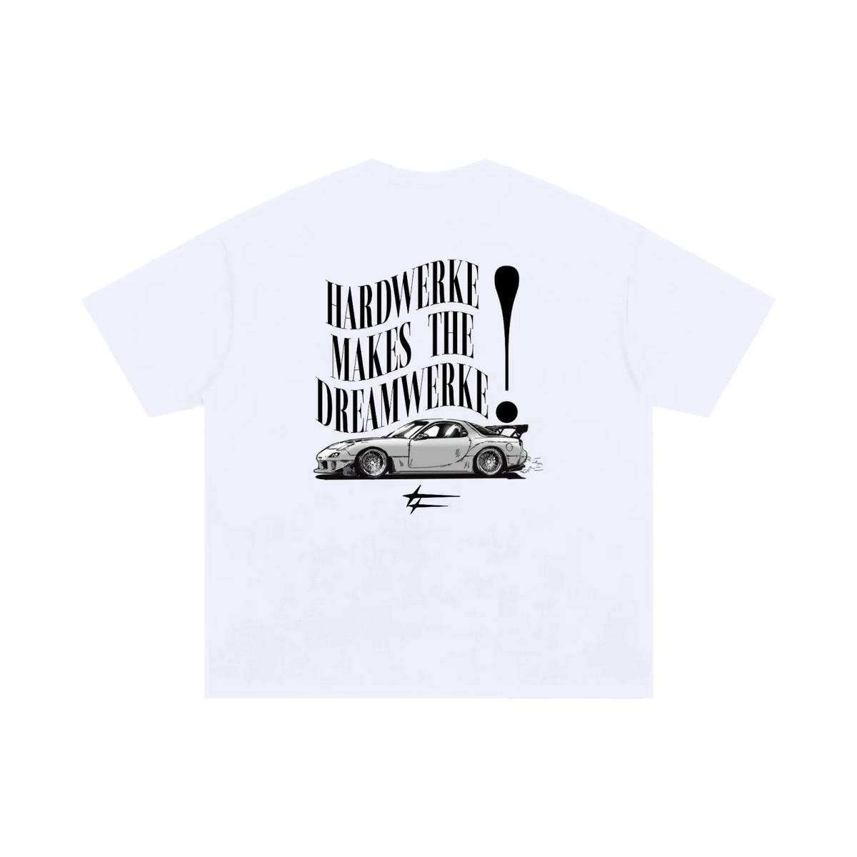 White mazda rx7 dream car fd chassis graphic streetwear  T-shirt featuring a monochrome  Mazda FD Rx7 illustration by HARDWERKE back view flat