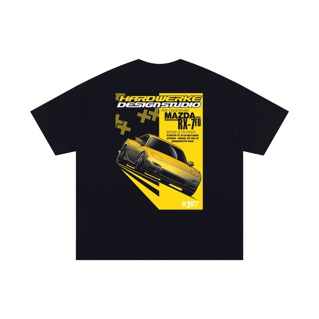 Black initiald keisuke takahashi mazda rx7 dream car fd chassis graphic streetwear  T-shirt featuring a yellow  Mazda FD Rx7 illustration by HARDWERKE back view flat