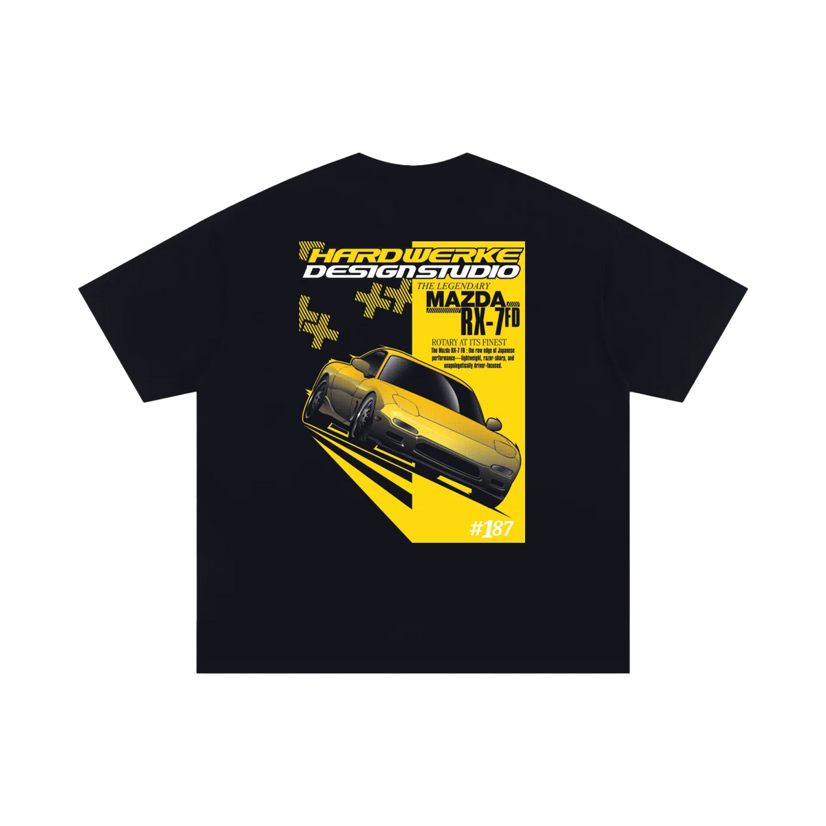 Black initiald keisuke takahashi mazda rx7 dream car fd chassis graphic streetwear  T-shirt featuring a yellow  Mazda FD Rx7 illustration by HARDWERKE back view flat
